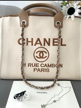 New CC novelty large beige canvas tote bag